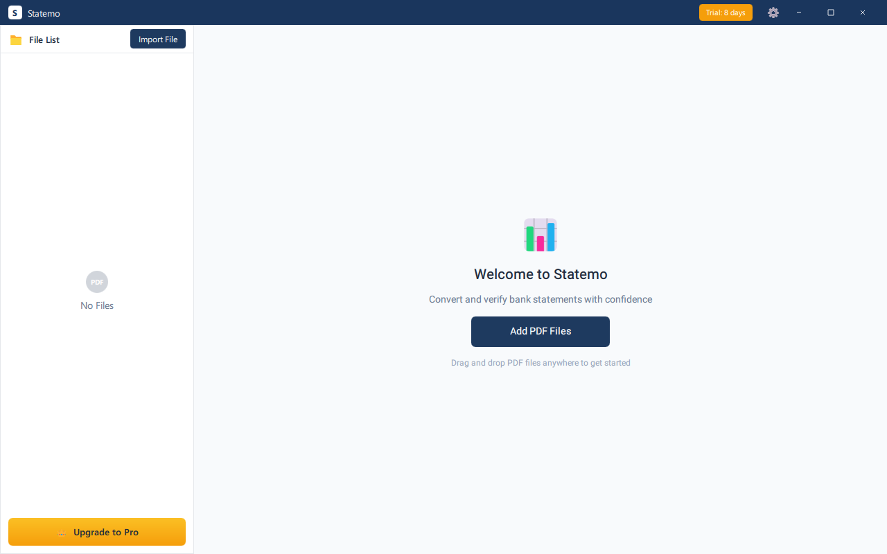 Statemo Welcome Screen - Clean interface with Add PDF Files button
